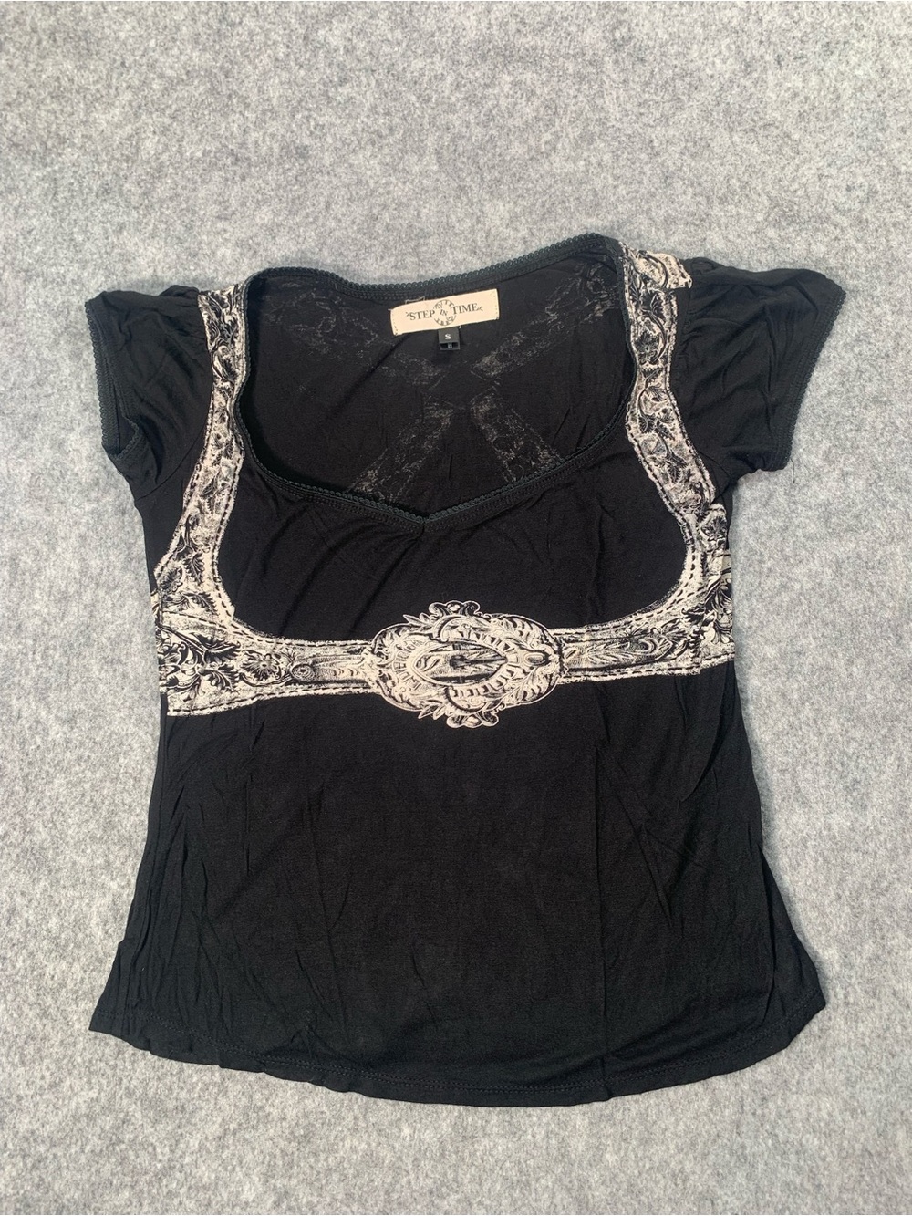 Black Scoop Neck Short Sleeve Tee with Cream Embellished Trim